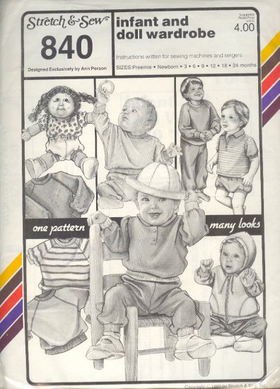 Stretch & Sew Sewing Pattern 840 Infant and Doll Wardrobe, Sizes Preemie to 24 months
