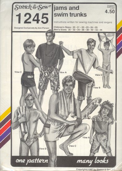 Stretch & Sew Sewing Pattern 1245, Men's and Boys Swim and shorts, 20 - 44" chest