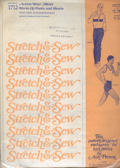 Stretch & Sew Sewing Pattern 1712 Men's Warm Up Pants and Shorts, Sizes 30 - 44 waist