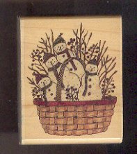 Rubber Stamp Scrapbooking - Wood Mount - Used - Stampington - Basket Snowmen 2X2.5"