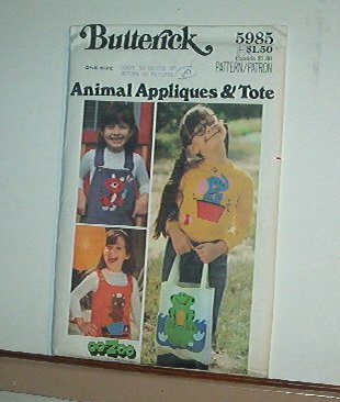 Sewing Pattern Butterick 5985 Girl's tote and animal appliques (4 that are 8 X 9") one size cute