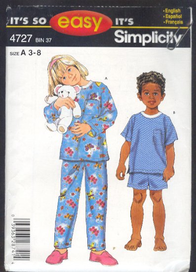 Simplicity Sewing Pattern 4727 Pajamas Children short and long Size 3-8