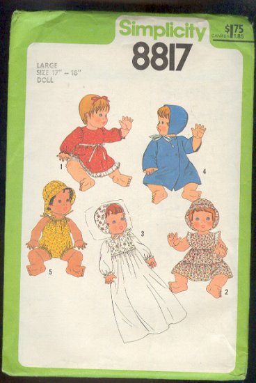 Sewing Pattern, Simplicity 8817 Baby Doll Clothes Size 17" - 18" Sweet