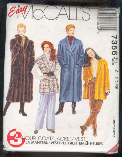 Sewing Pattern McCall's 7356 Winter coat, jacket, fleece vest Sizes 16-22