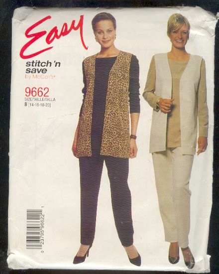 Sewing Pattern McCall's 9662 Pants, Top & Long Vest Size 14-20