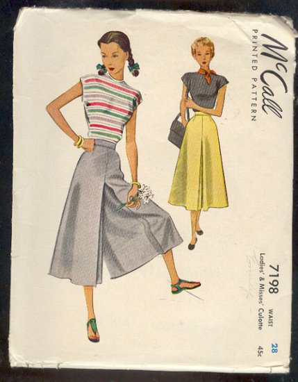 Sewing Pattern McCall's Vintage 7198 Skort, Culottes Size Waist 28