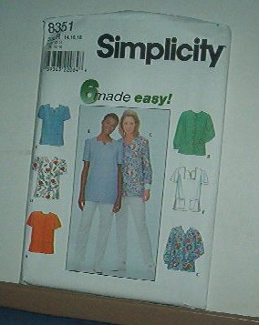 Sewing Pattern Simplicity 8351 Tops - 6 variations, good for scrubs Size 14-18
