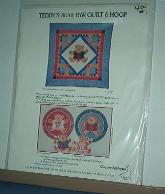 Sewing Pattern Country Appliques Teddy Bear Paw Quilt (46 X 46") & Hoop