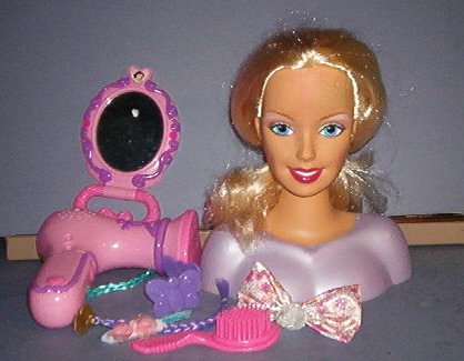 Barbie Doll Bust with beautiful hair for styling - collection of tools - 9X4" - head turns