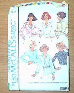 Misses Tops Blouse with Alphabet Transfer McCalls Sewing Pattern 5459 Sz 14 Bust 36 Uncut