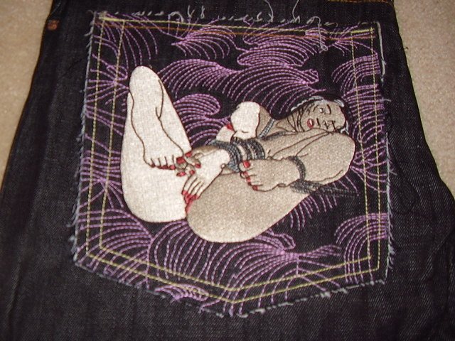 Red Monkey wave jeans w/ posing woman 40x34