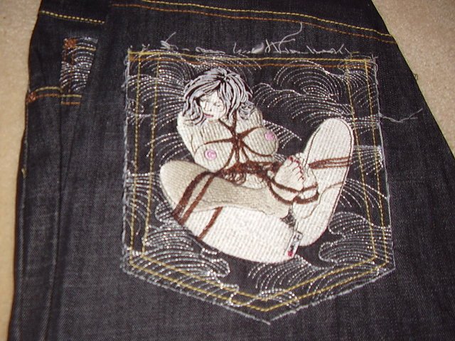 Red Monkey wave jeans w/ posing woman 42x34