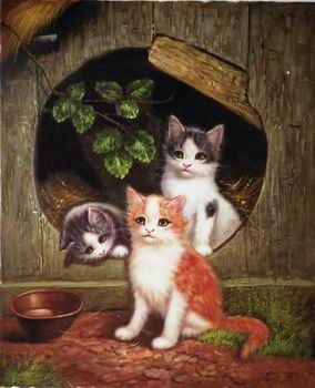 TWO CATS OIL PAINTING ON CANVAS 12"X32"X3 PIECES