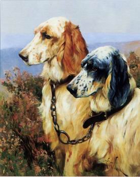 TWO DOGS OIL PAINTING ON CANVAS 12"X32"X3 PIECES