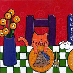 Cat, Blueberry Pie* Ceramic Folk Art Tile* Fernleaf