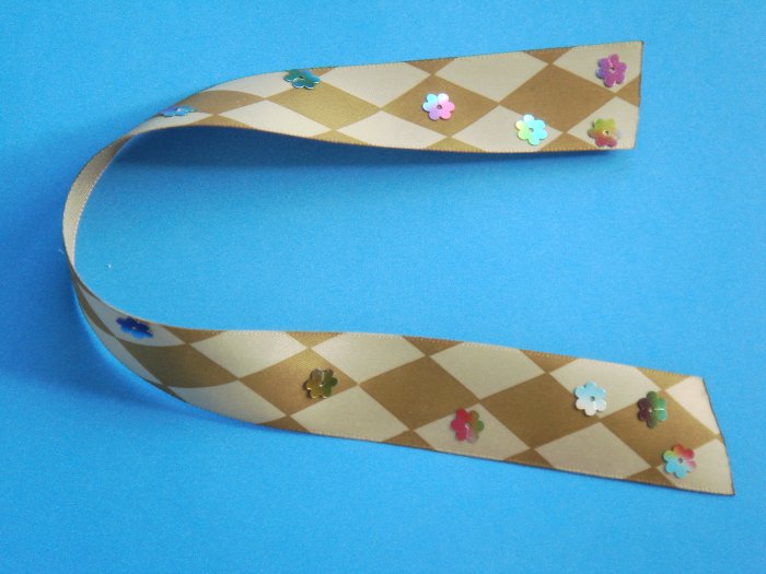 FLOWER PATH - Brown and Cream Harlequin Satin Ribbon Bookmark with Colorful Sequin Embelishments