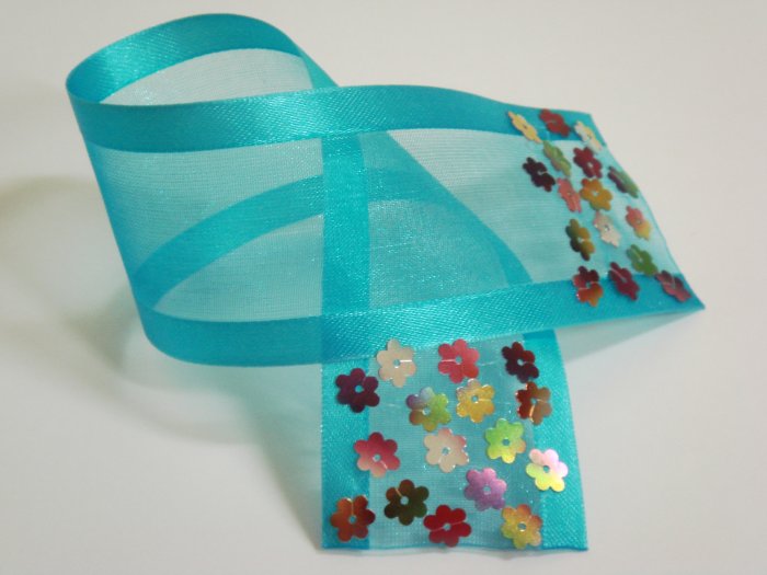 Turquoise Blue Organza Ribbon Bookmark with Colorful Flower Sequin