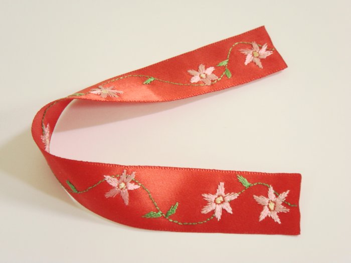 Red Satin Ribbon Bookmark with Pink Flower Embroidery Handcrafted Item
