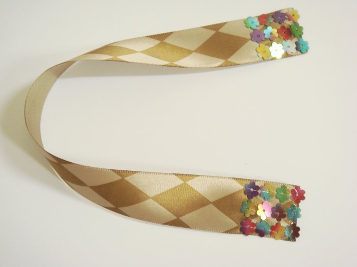Brown and Cream Harlequin Satin Ribbon Bookmark Edged with Colorful Flower Sequin