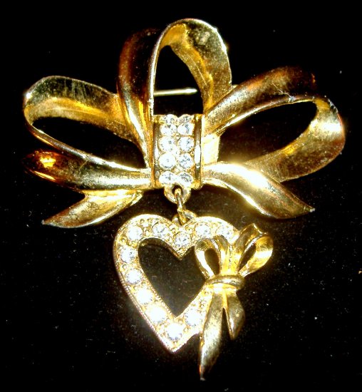 ribbon with dropped heart and rhinestones, vintage