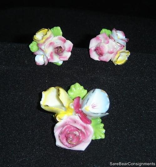 Vintage Enamel Flower Earrings & Brooch Made in Japan
