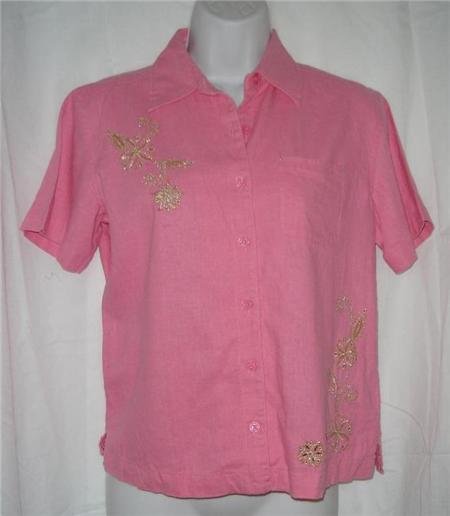 Pink Linen Blend Gold Embroidered Flower Shirt PS Small
