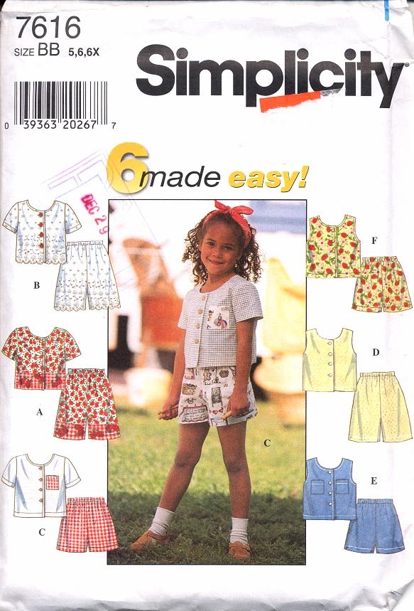 SIMPLICITY PATTERN #7616 CHILD'S TOP AND SHORTS SIZE BB - 5,6,6X UNUSED NEW 1997