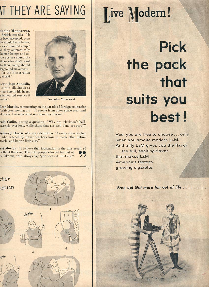 1957 L & M CIGARETTES MAGAZINE DOUBLE PAGE AD (214)