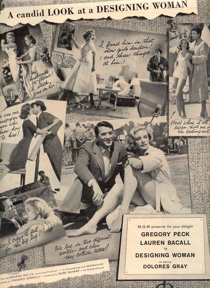 1957 CANDID LOOK AT MOVIE DESIGNING WOMAN - GREGORY PECK & LAUREN BACALL MAGAZINE AD (218)