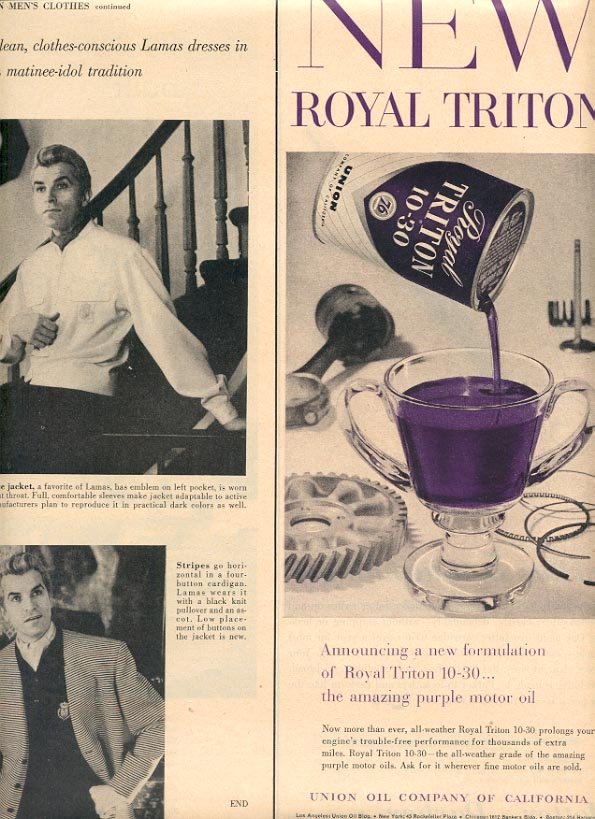 1957 ROYAL TRITON 10-30 PURPLE MOTOR OIL - UNION OIL COMPANY OF CALIFORNIA MAGAZINE AD (244)