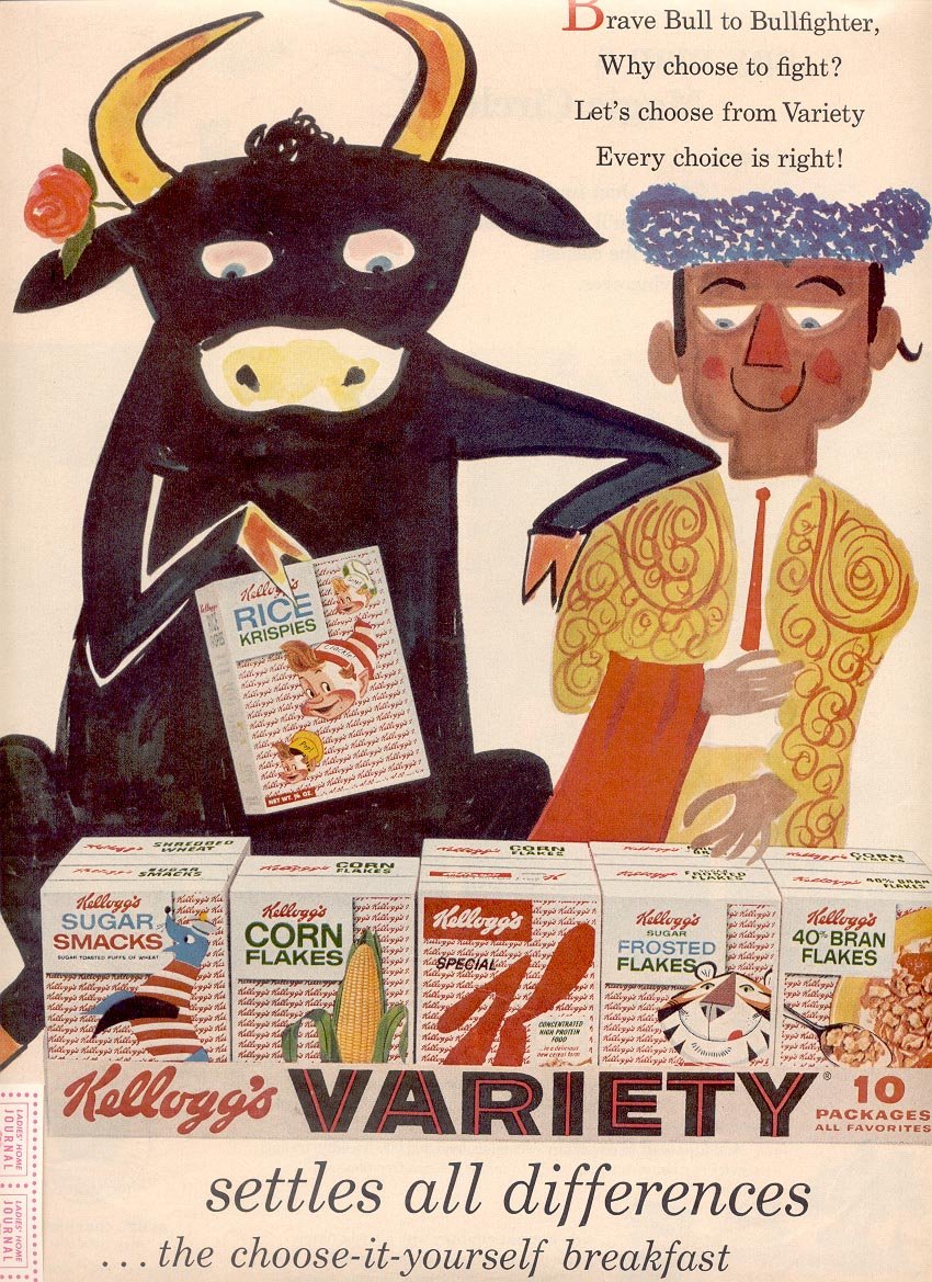 1958 KELLOGG'S VARIETY PACK CEREALS WITH LADIES HOME JOURNAL SAVING STAMPS MAGAZINE AD (255)