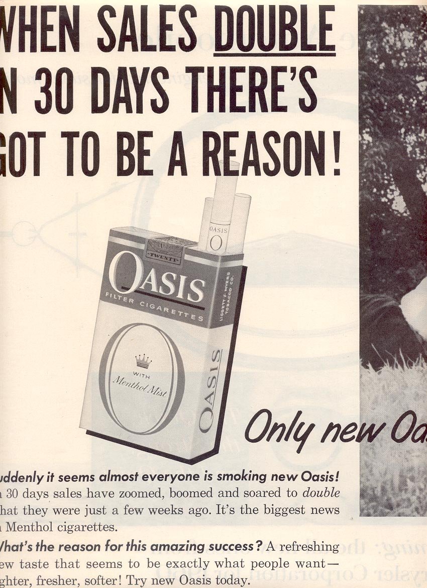1959 OASIS CIGARETTES DOUBLE PAGE MAGAZINE AD (257)