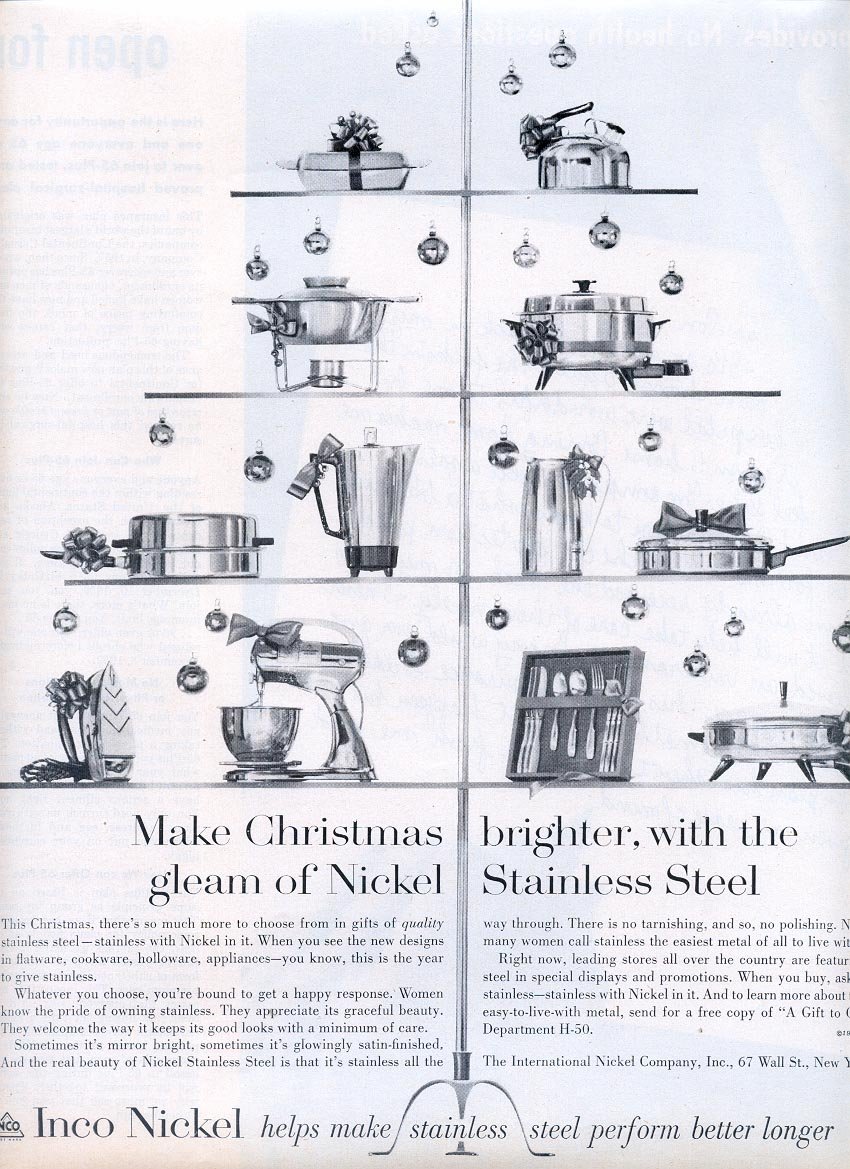 1959 INCO NICKEL MAKES CHRISTMAS BRIGHTER WITH STAINLESS STEEL MAGAZINE AD (295)