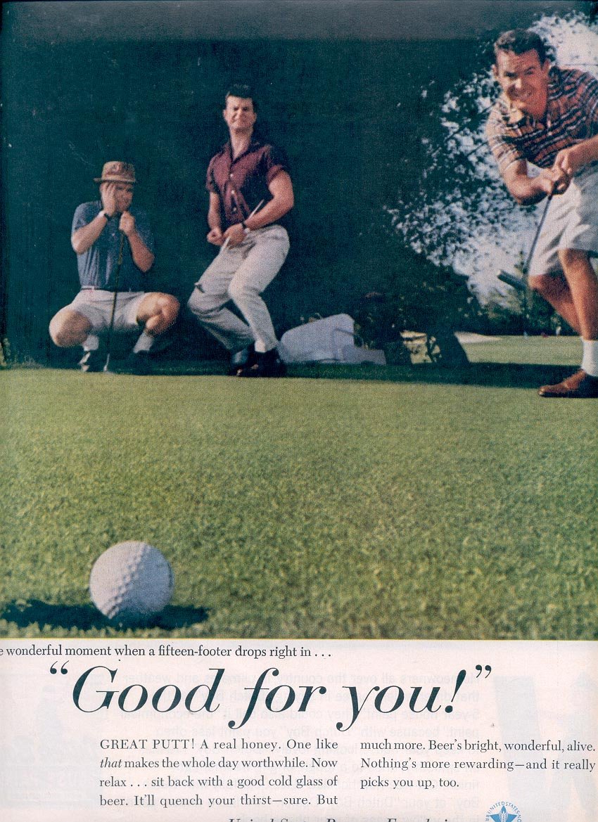 1959 UNITED STATES BREWERS FOUNDATION - BEER AND GOLF BELONG TOGETHER DOUBLE PAGE MAGAZINE AD (329)