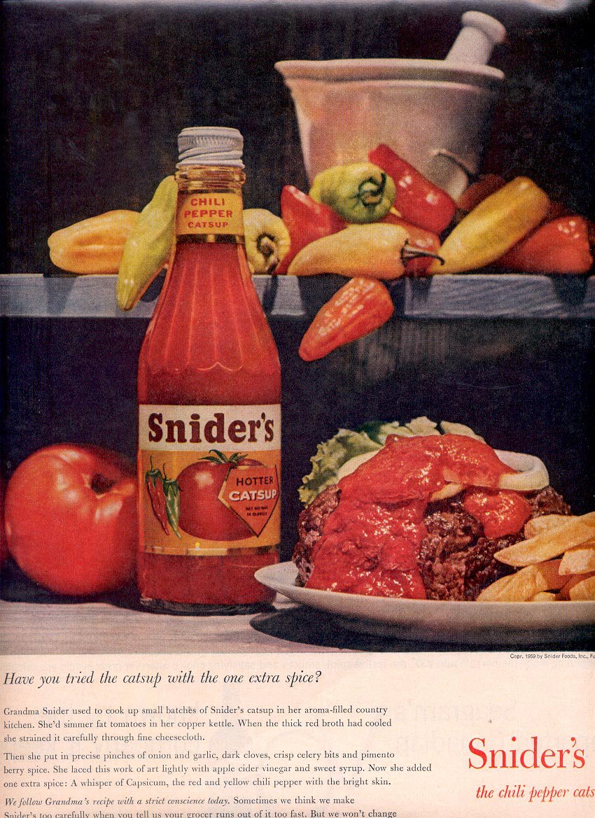 1959 SNIDER'S CHILI PEPPER CATSUP MAGAZINE AD (332)
