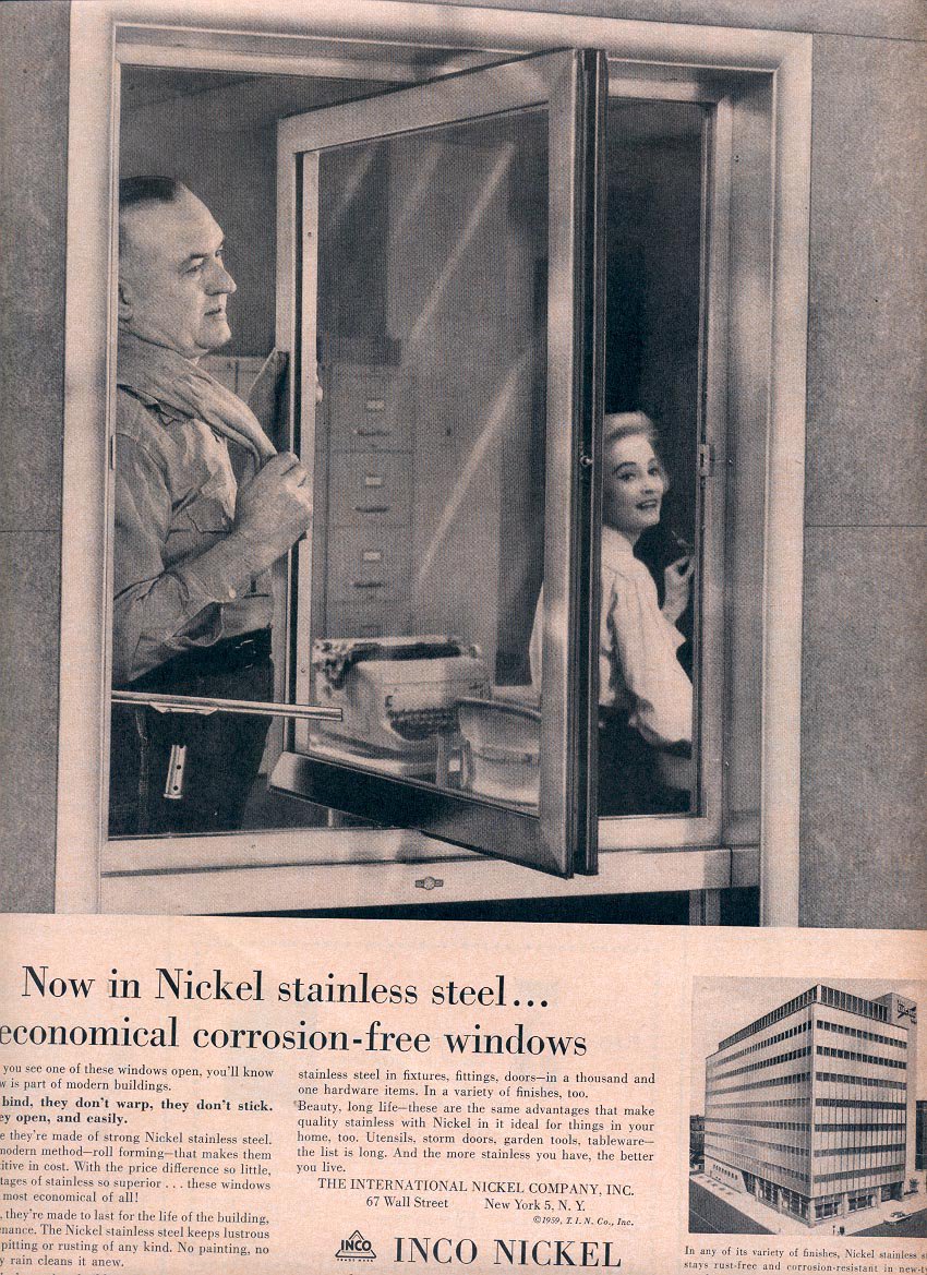 1959 INCO NICKEL STAINLESS STEEL CORROSION FREE WINDOWS MAGAZINE AD (333)