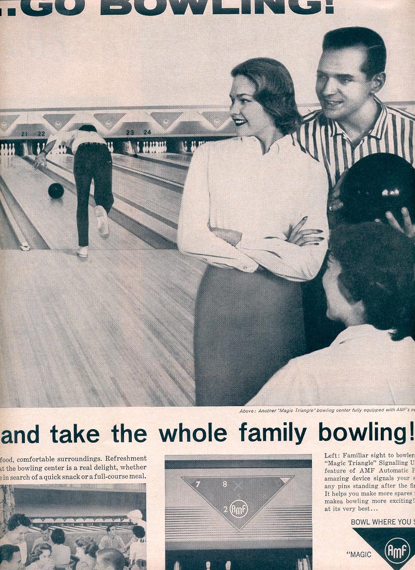 1959 AMF PINSPOTTERS - GO BOWLING IT'S COOL - IT'S FUN DOUBLE PAGE MAGAZINE AD (348)