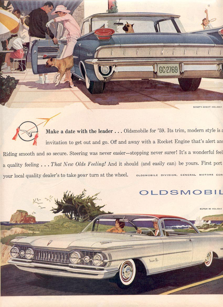 1959 OLDSMOBILE NINETY-EIGHT HOLIDAY SPORTSEDAN AND SUPER 88 HOLIDAY SCENICOUPE MAGAZINE AD (368)