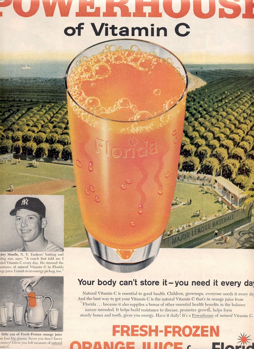 1959 FRESH FROZEN ORANGE JUICE FROM FLORIDA WITH MICKEY MANTLE OF N.Y. YANKEES MAGAZINE AD (381)