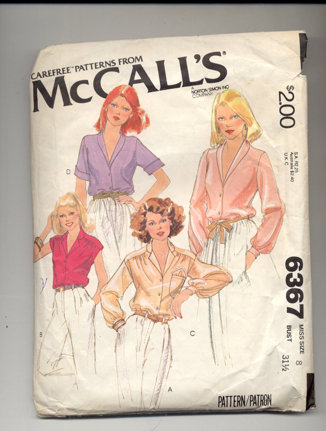 McCALL'S PATTERN # 6367 MISSES SET OF BLOUSES SIZE 8 CUT 1978 VINTAGE OOP