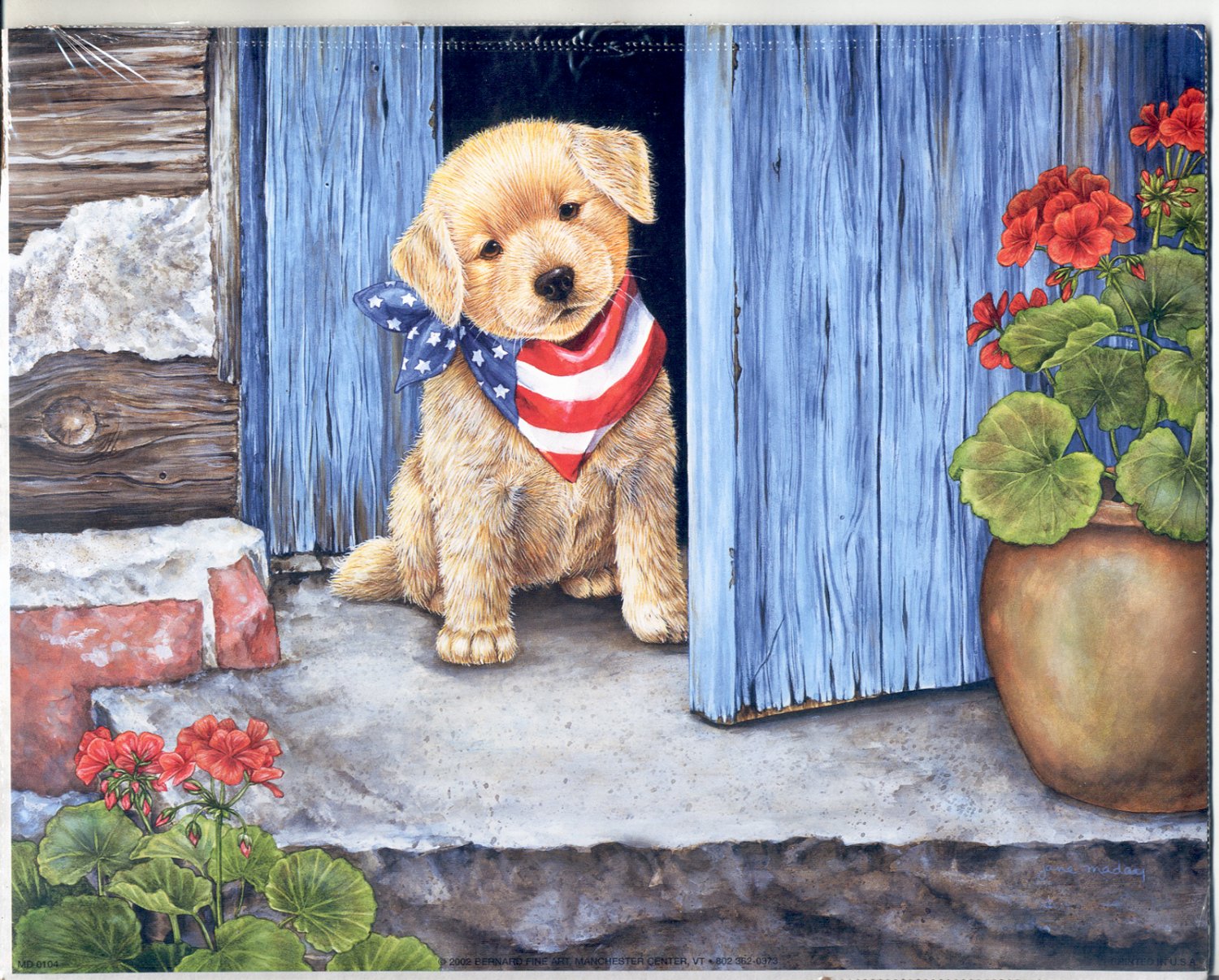 PRINT #67: PATRIOTIC PUPPY W/ STARS & STRIPES KERCHIEF AT THE DOOR 2002 8 X 10 MINT