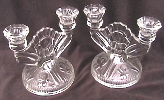 Jeannette iris & herringbone clear double candlesticks