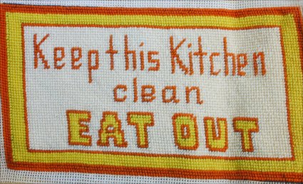 Finished needlepoint Keep Kitchen Clean Eat Out 10x5.5 inches completed canvas