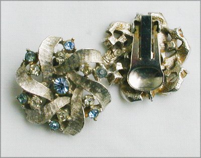 Clip earrings silver tone with blue rhinestones jewelry marked AK