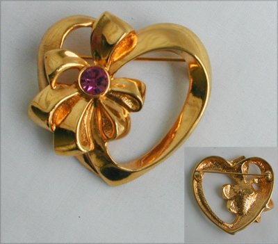 Avon heart and bow pin gold tone pink rhinestone accent