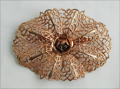 Vintage large oval copper colored pin open metal work rose center jewelry