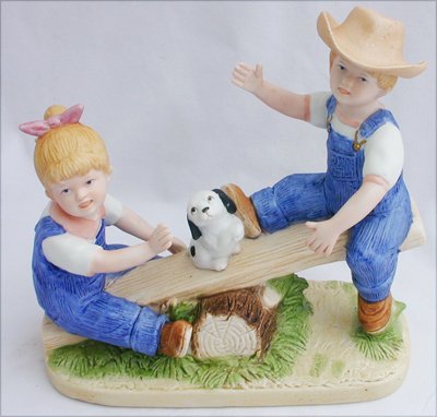 Denim Days 8827 figurine Playtime kids on see saw with dog