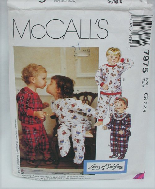 McCall 7975 child toddlers 1 or 2 piece pajamas sizes 1 2 3 sewing pattern