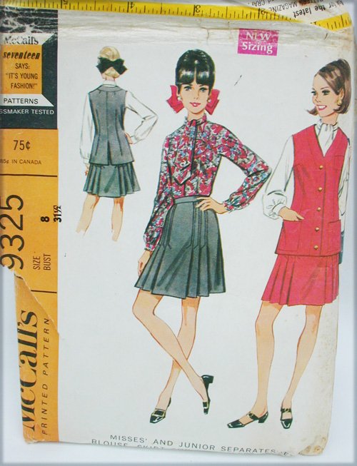 McCall 9325 misses blouse pleated skirt jacket size 8 retro pattern 1968