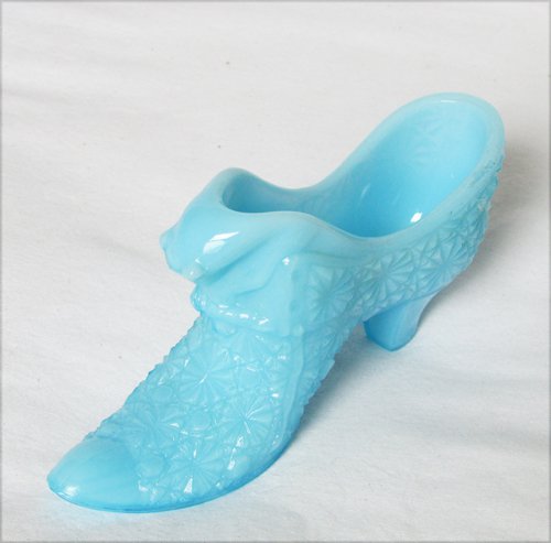 Shoe blue milk glass cat tongue has VOC logo daisy button pattern